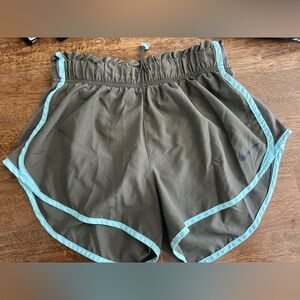 Nike and Olive Green Athletic Shorts with Light Blue Trim